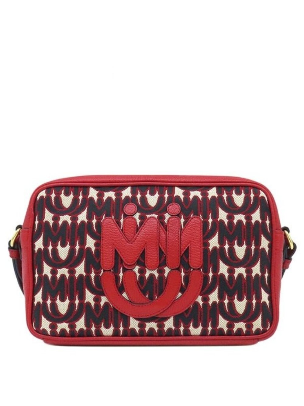 Miu Miu Shoulder Bag M Paris Logo Canvas Leather Red Gold All Over Print
